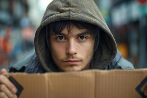 Young Caucasian male wearing a hooded jacket, gazing intently while holding a cardboard sign, evoking a sense of struggle. photo