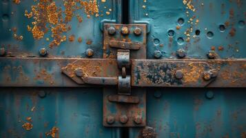 A weathered blue metal door lock with rust, showcasing intricate details and a vintage aesthetic. photo