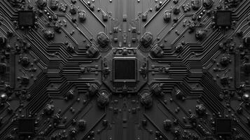 Intricate black circuit board design showcasing advanced technology and electronic components. photo