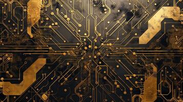 Intricate golden circuit board design with a textured black background, symbolizing technology and innovation. photo