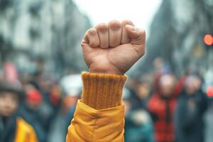 A raised fist of a young person in a yellow sweater symbolizes unity and resilience during a demonstration. photo