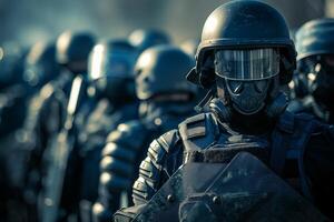 A line of masked police officers in riot gear, prepared for crowd control during a tense situation. photo