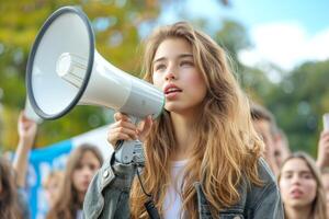 A Caucasian teenage girl passionately addresses a crowd with a megaphone during a protest, showcasing her dedication to advocacy. photo