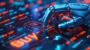 A futuristic robotic hand poised over a glowing 'BUY' button, symbolizing advanced technology in financial decisions. photo