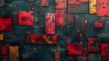 Abstract digital circuit design featuring a vibrant mix of reds, blues, and golds, evoking a sense of futuristic technology. photo