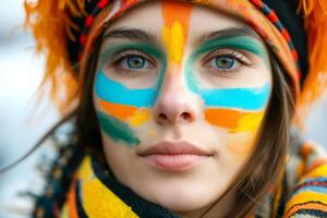 A young female with striking blue and orange face paint gazes confidently at the camera, adorned in vibrant, multi-colored attire. photo