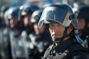 A focused male police officer in tactical gear stands at the forefront, showcasing determination amid a line of fellow officers. photo