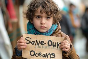 A young boy of Middle Eastern descent holds a handmade sign advocating for ocean conservation. photo