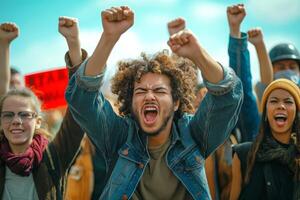 A passionate group of diverse young activists protesting with raised fists in a firm stance for change. photo
