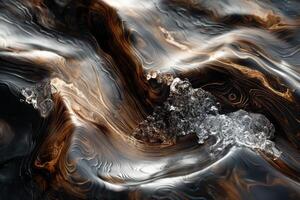 Abstract waves of black, gold, and silver fluid art create a mesmerizing, dynamic pattern. photo