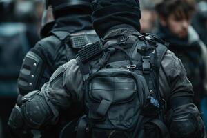 Two individuals in tactical gear, one with a black beanie, facing away in a crowded urban setting. photo