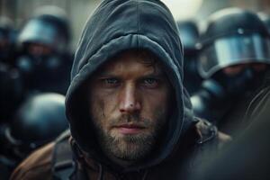 A tense scene featuring a determined Caucasian male with a hoodie surrounded by riot police in full gear. photo