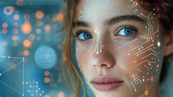 A young woman with striking blue eyes and a serene expression, surrounded by digital circuitry patterns, showcasing a fusion of beauty and technology. photo