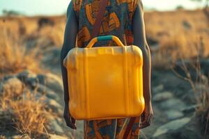 A young Black male carrying a yellow jerrycan on a dusty path, symbolizing resilience in a challenging environment. photo