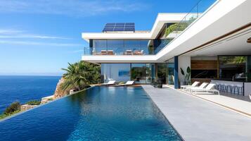 Stunning modern villa with an infinity pool overlooking the ocean, featuring sleek architecture and lush greenery. photo