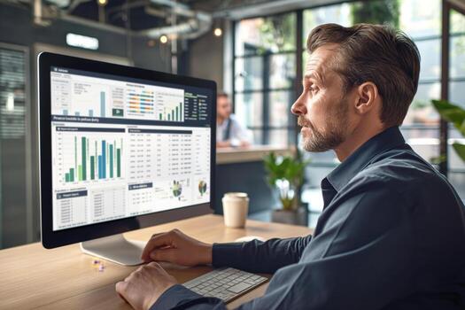 Focused Caucasian man analyzing data on a computer screen in a modern office setting. photo
