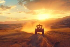 Majestic sunset behind a tractor working in a vast golden field, creating a serene rural landscape. photo