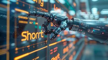 A futuristic robotic hand interacts with a digital interface, showcasing advanced technology in a dynamic setting. photo