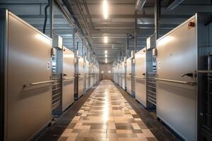 A modern, well-lit corridor lined with metallic units, creating a sleek and orderly atmosphere. photo