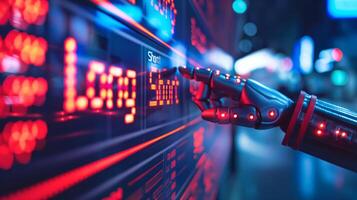 A futuristic robotic hand interacts with a digital interface, showcasing advanced technology and vibrant red lighting. photo