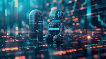 A futuristic robot stands next to a digital data capsule, illuminating a high-tech environment filled with glowing circuits. photo