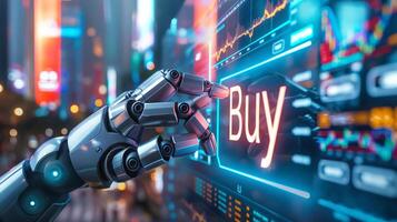 A robotic hand poised to click the 'Buy' button on a digital interface, representing the fusion of technology and finance. photo