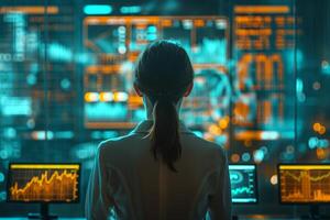 A focused young female professional analyzes data in a modern high-tech office, surrounded by glowing screens displaying analytics. photo