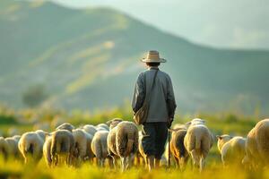 A male shepherd guides a flock of sheep through lush green fields, bathed in soft sunlight. photo
