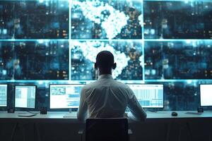 A focused Black man in a white shirt works at multiple computer screens in a dark, high-tech environment. photo