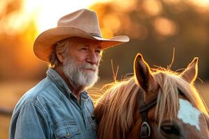 An elderly Caucasian man with a beard, dressed in denim, stands beside his horse at sunset, capturing a serene moment in nature. photo