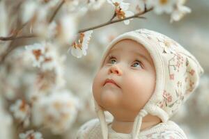 A curious baby girl gazes at blooming flowers, showcasing innocence and wonder in a soft, pastel-colored setting. photo