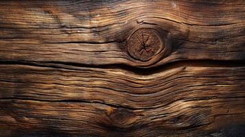 Close-up of a rustic wooden surface with rich texture and warm hues, showcasing natural grain patterns and a distinct knot. photo