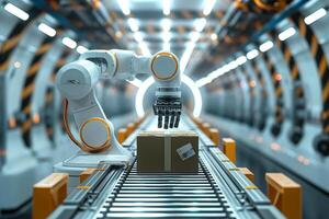 A futuristic robotic arm expertly handles a package on a conveyor belt in a high-tech warehouse setting. photo