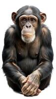 A thoughtful chimpanzee sits calmly, gazing with expressive eyes, showcasing its intelligence and curiosity. photo