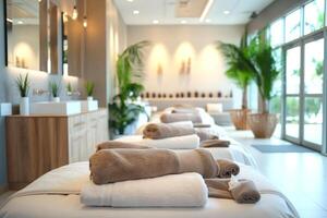 Tranquil spa interior featuring neatly arranged massage tables with soft towels and plants, creating a serene atmosphere for relaxation. photo