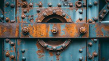 Close-up of a weathered metal door with rust patches and rivets, showcasing industrial textures and earthy tones. photo