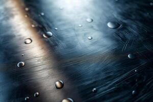 Close-up of water droplets on a textured metallic surface, showcasing a blend of reflections and shadows. photo