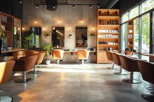 Modern hair salon with stylish brown chairs and bright natural light streaming through large windows. photo