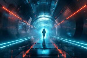 A silhouetted figure walks through a futuristic, illuminated tunnel filled with fog and vibrant neon lights. photo