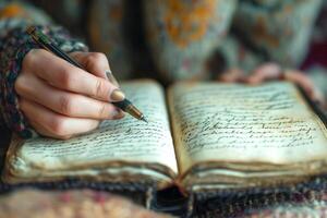un de cerca de un mujer mano escritura en un antiguo diario, exhibiendo hermosa caligrafía y intrincado patrones en el antecedentes. foto
