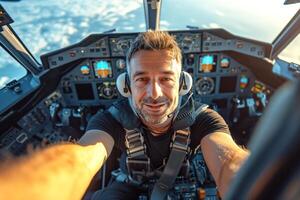 A smiling male pilot takes a selfie inside the cockpit, showcasing a clear blue sky and cloud view in the background. photo
