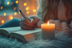 A young woman writes in a book by candlelight, creating a cozy and serene atmosphere with warm bokeh lights in the background. photo
