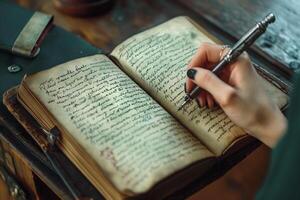 A female hand writes in an open vintage notebook with dark ink, capturing thoughts and memories in a cozy setting. photo