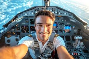 Smiling male pilot takes a selfie in the cockpit, surrounded by advanced flight instruments and a backdrop of blue sky. photo