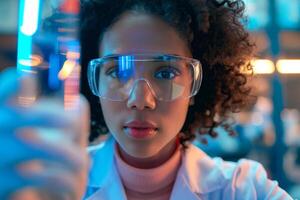 A young Black female scientist meticulously examines a colorful liquid in a lab setting, showcasing focus and determination. photo