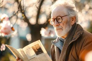 An elderly Caucasian man with white hair and glasses, reading a newspaper in a serene outdoor setting surrounded by blooming flowers. photo