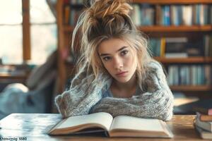 A thoughtful young woman with a messy bun, wearing a cozy sweater, gazes thoughtfully while leaning on an open book in a library. photo