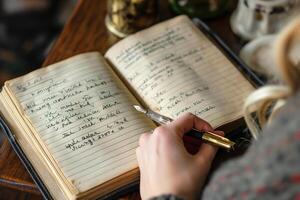 Close-up of a woman writing in a notebook, showcasing a thoughtful moment filled with creativity and reflection. photo