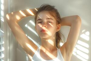 A young Caucasian girl in a white tank top poses against a sunlit wall, with shadows creating a striking pattern across her face. photo