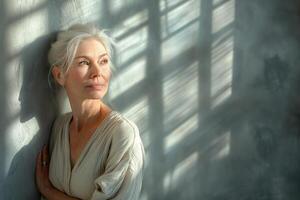 A contemplative middle-aged Caucasian woman with silver hair gazes thoughtfully while bathed in soft light, shadows dancing around her. photo